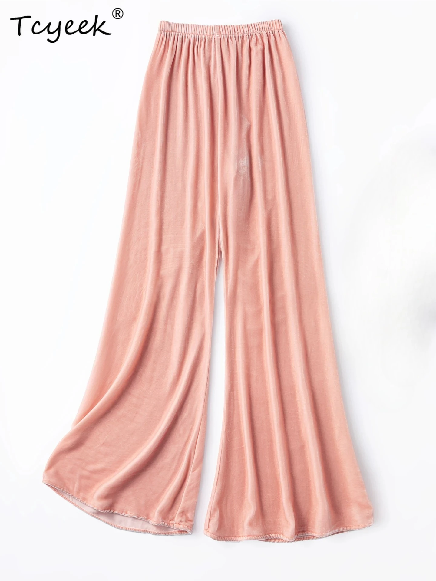 

Tcyeek Real Mulberry Silk Casual Pants Women 2026 Silk Velvet Flare Pants Summer Clothes Woman Elastic Waist Pantalones Mujer
