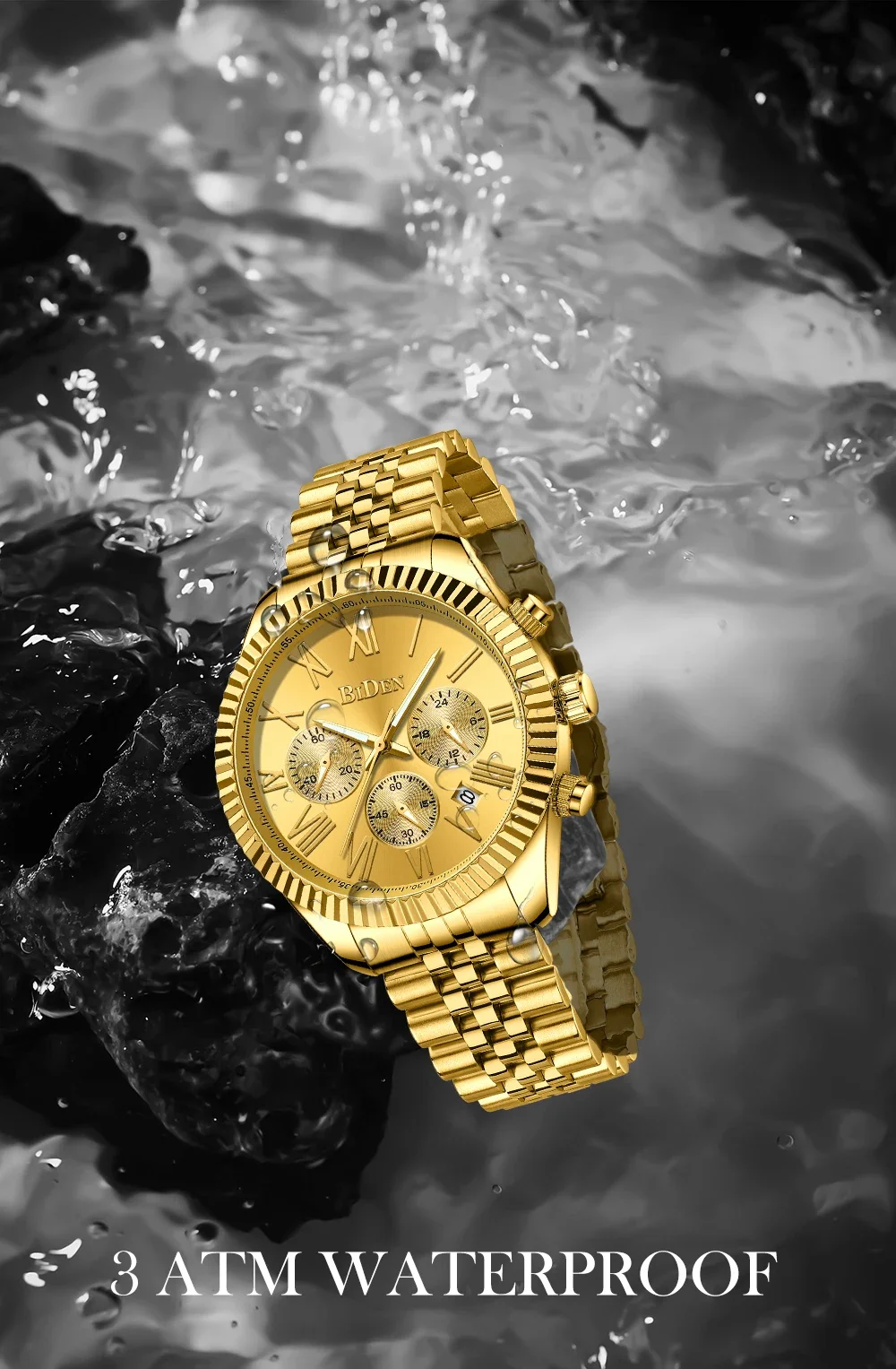 ساعة رجالية بهيكل عظمي ذهبي على مدار 24 ساعة - ساعة كوارتز جديدة فاخرة مقاومة للماء من BIDEN