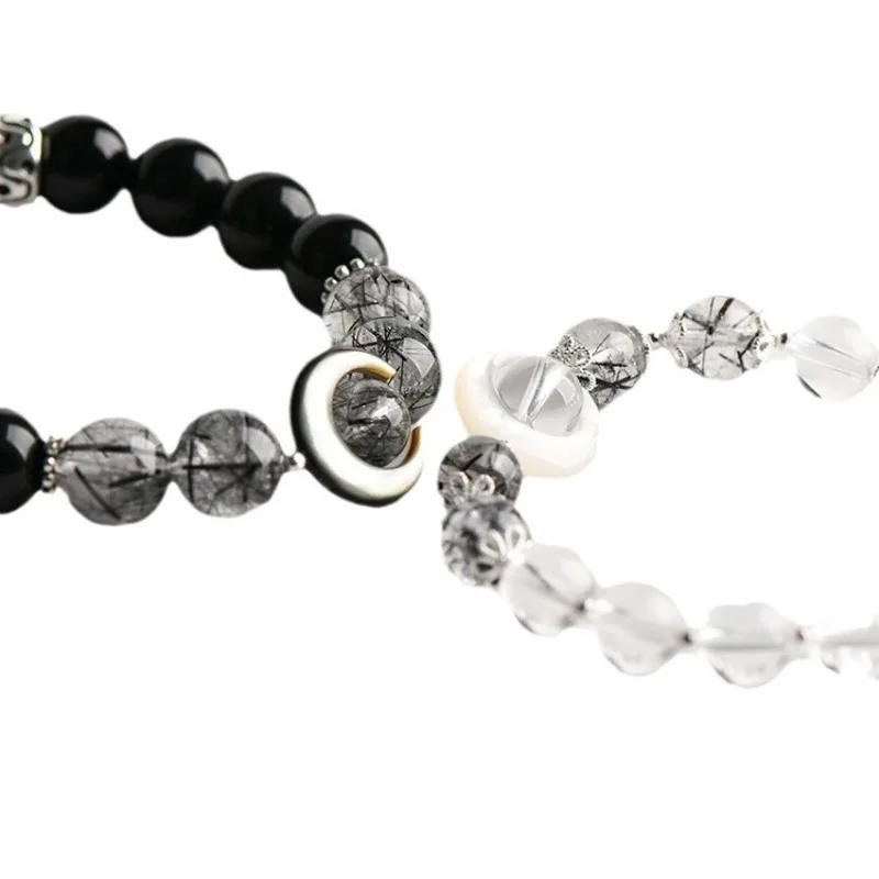 Couple Bracelet Set Black Obsidian Black Rutilated Quartz White Crystal Beaded Bracelets for Men Women Birthday Gifts