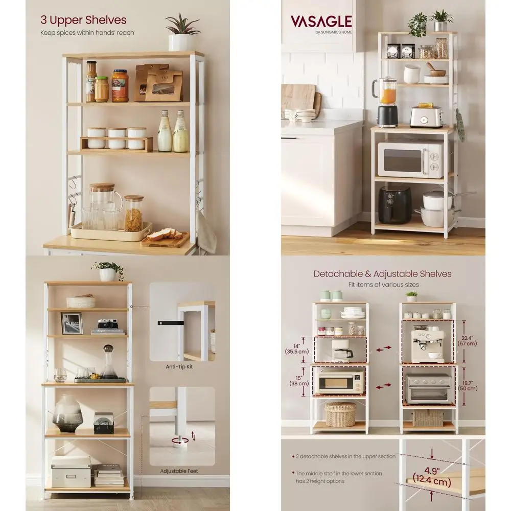 

6-ярусная кухонная полка для хранения 23.6 с крючками, подставка для микроволновой печи, цвет дуб и облачно-белый