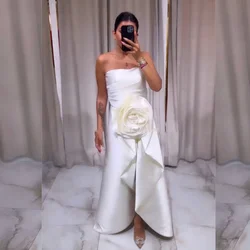 Customized Modern Style Satin Flower Ruched A-line Strapless Long Dresses Homecoming Dresses Pastrol Unisex Chinese Style Formal