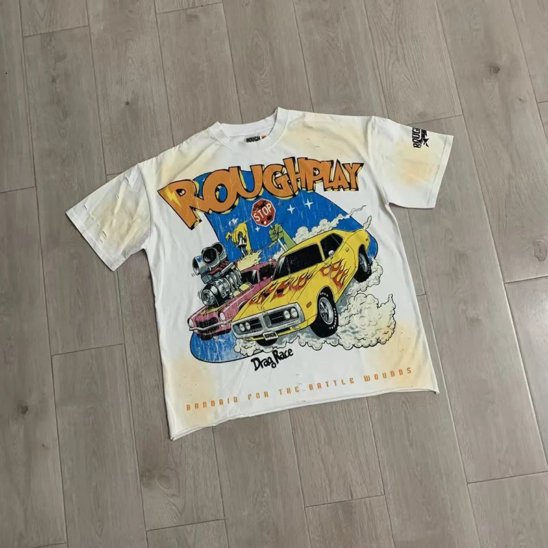 2026 New Arrival Rough Play Retro Racing Car Washed T Shirt Men Short Sleeve Hip Hop Streetwear Casual Top