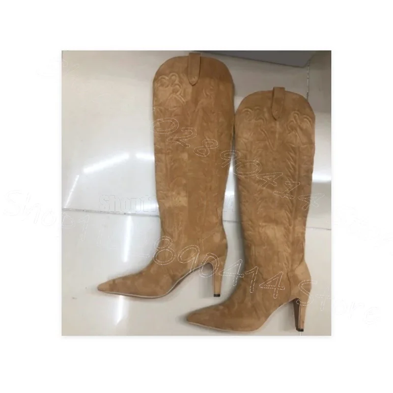 موضة أشار تو المرأة أحذية طويلة التطريز فوق الركبة أحذية عالية الكعب مثير أحذية ركوب الخيل أحذية طويلة أسود الدنيم الأزرق #5