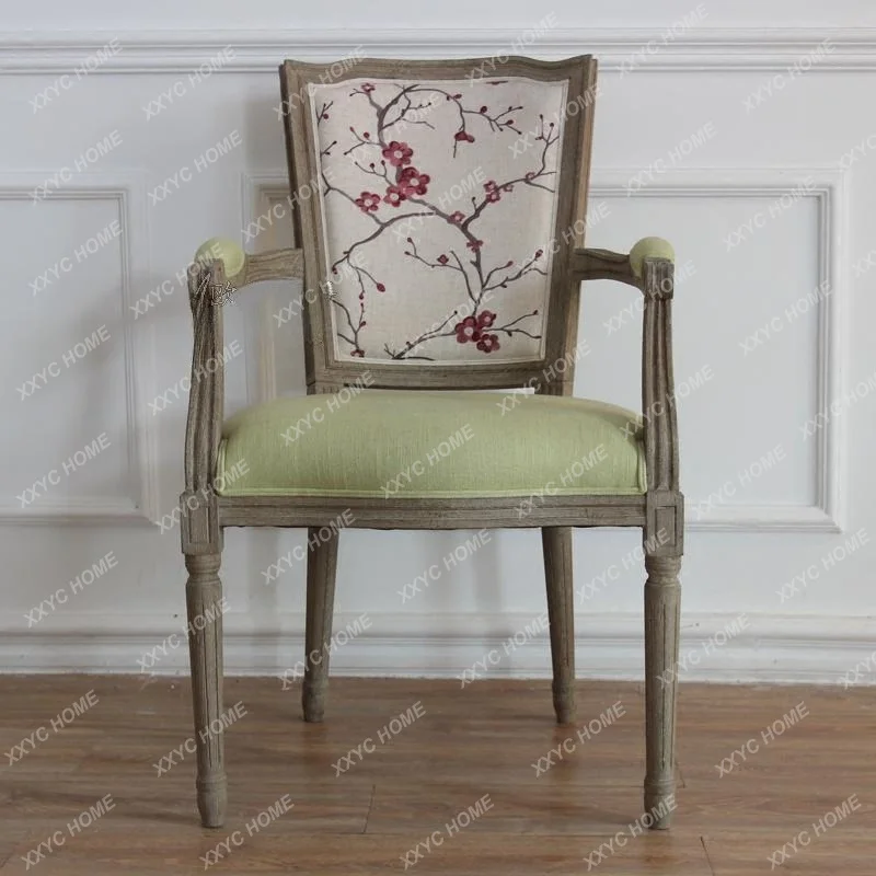 Armrest dining chair linen embroidered cloth chair solid wood office chair