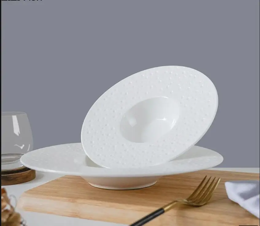 

Restaurant Ceramic Tableware Nordic Household Solid Color Straw Hat Plate Pasta Dessert Round Decorative