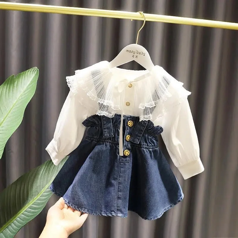 Lente en herfst meisjes babykleding set mode shirt met lange mouwen denim bandjurk tweedelige set kinderjurkset