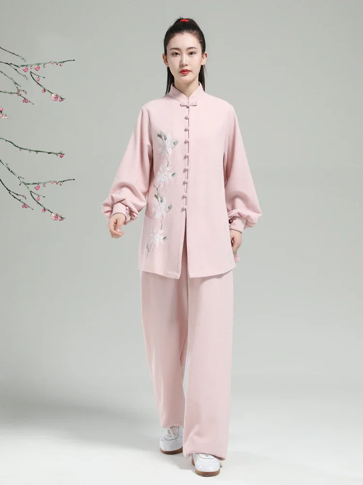 Tai Chi abbigliamento arti marziali uniformi Kung Fu addensato abbigliamento da allenamento abbigliamento da prestazione stampa loto donna rosa 2023