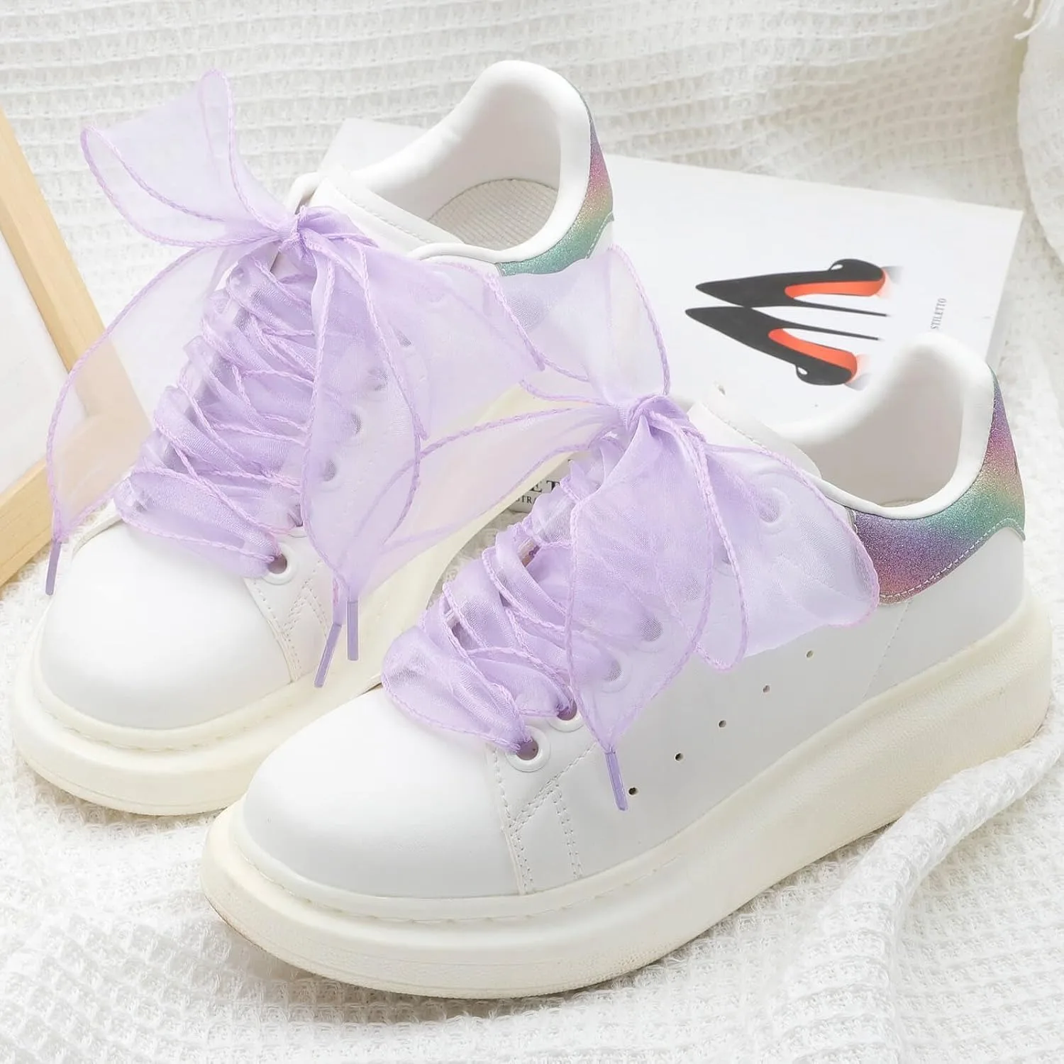 1 Paar flache, transparente Schuhbänder, 4 cm breit, modische Schuhbänder aus Schneegarn, elegante Schuhbänder für Damen und Mädchen. ﻿ Schuhzubehör – Detail 8
