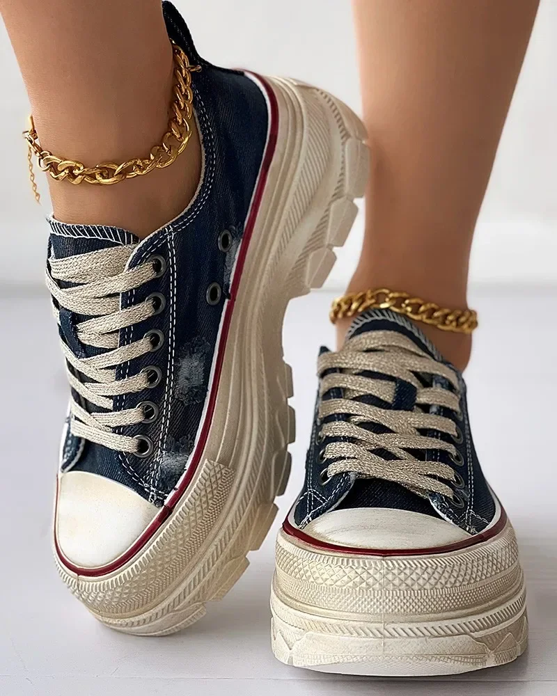 Sneakers Women Lace-up Platform Casual Canvas Sneakers Denim Canvas Summer New Flats Platform Sport Running Women Shoes Walking