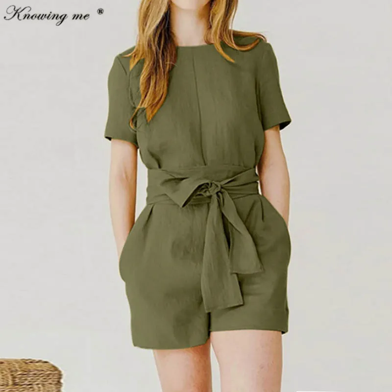 

Women Elegant Jumpsuits 2023 Summer Casual Cotton Line Beach short Overalls Lady Solid color O neck pockets Playsuits Rompers