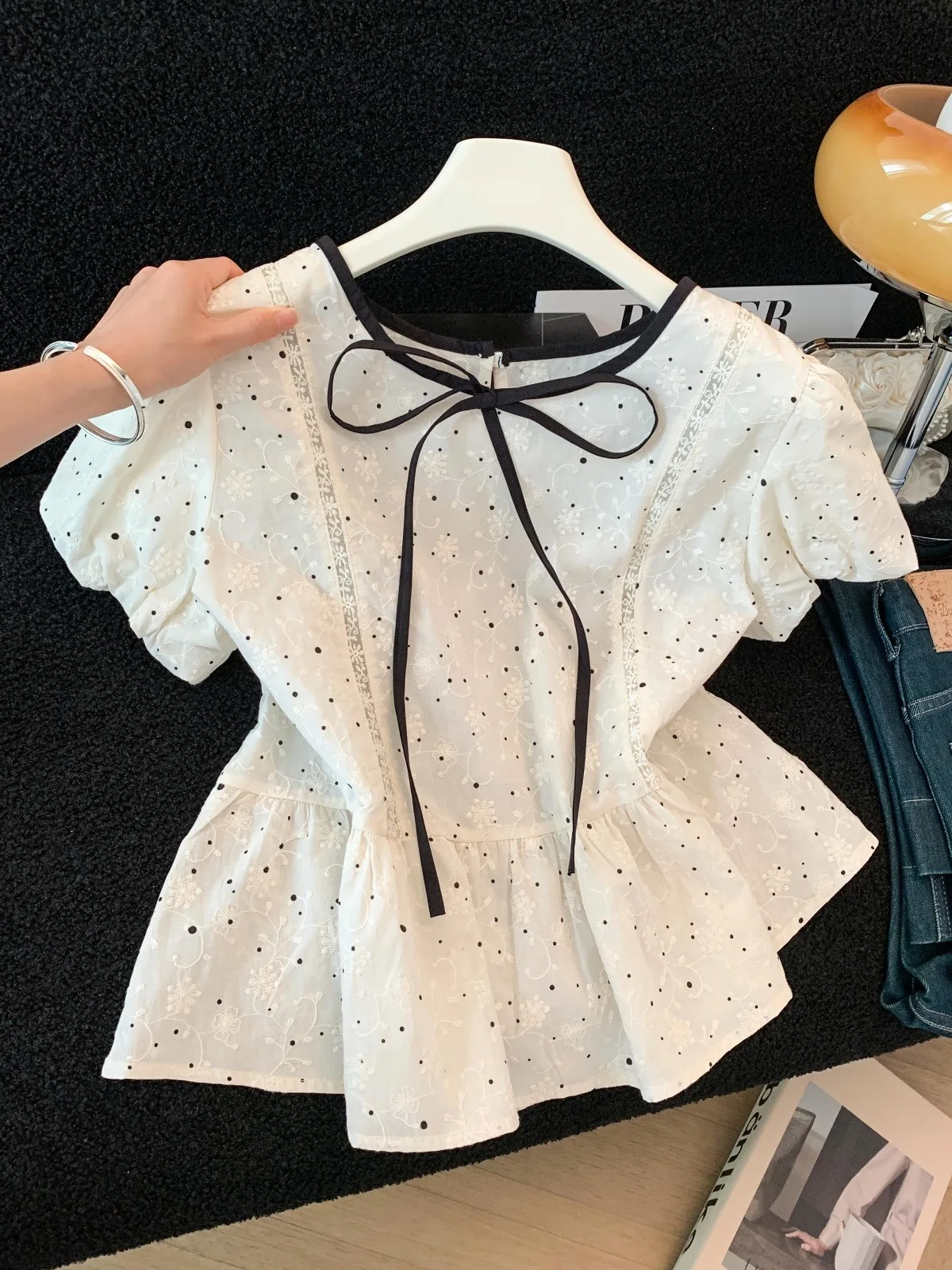 

Summer Polka Dot Doll Shirt Women's Short Sleeve Bow Tie Waist Skirt Design Cover Belly Loose Fit Bubble Sleeve Casual Top