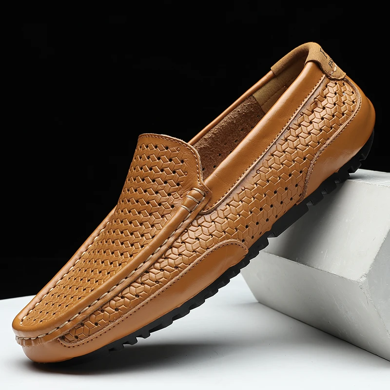 

Men's Summer Casual Hollow out Breathable Leather Loafers Work Shoes Fashion Business Durable Rubber Sole round Toe Flat Heel