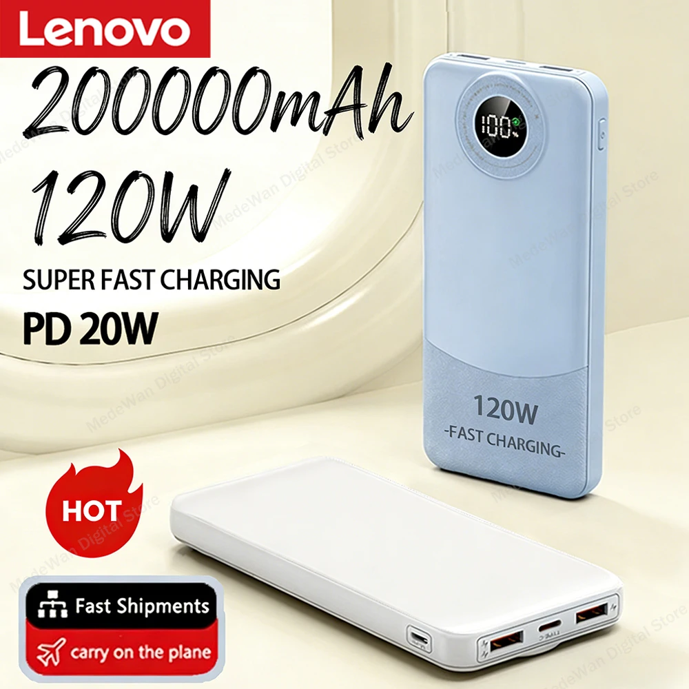 Banco de energía Lenovo de 120W y 200000mAh de capacidad ultralarga, carga rápida, portátil, con pantalla digital, para iPhone, Samsung, Xiaomi