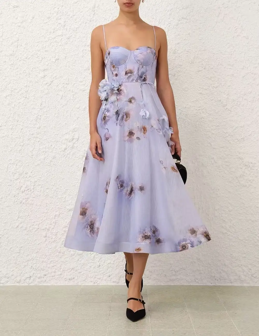 

Appliques 2025 High Quality New Linen Silk Lilac and Purple Floral Print Fish Bones Suspender Sleeveless Women Midi Dress