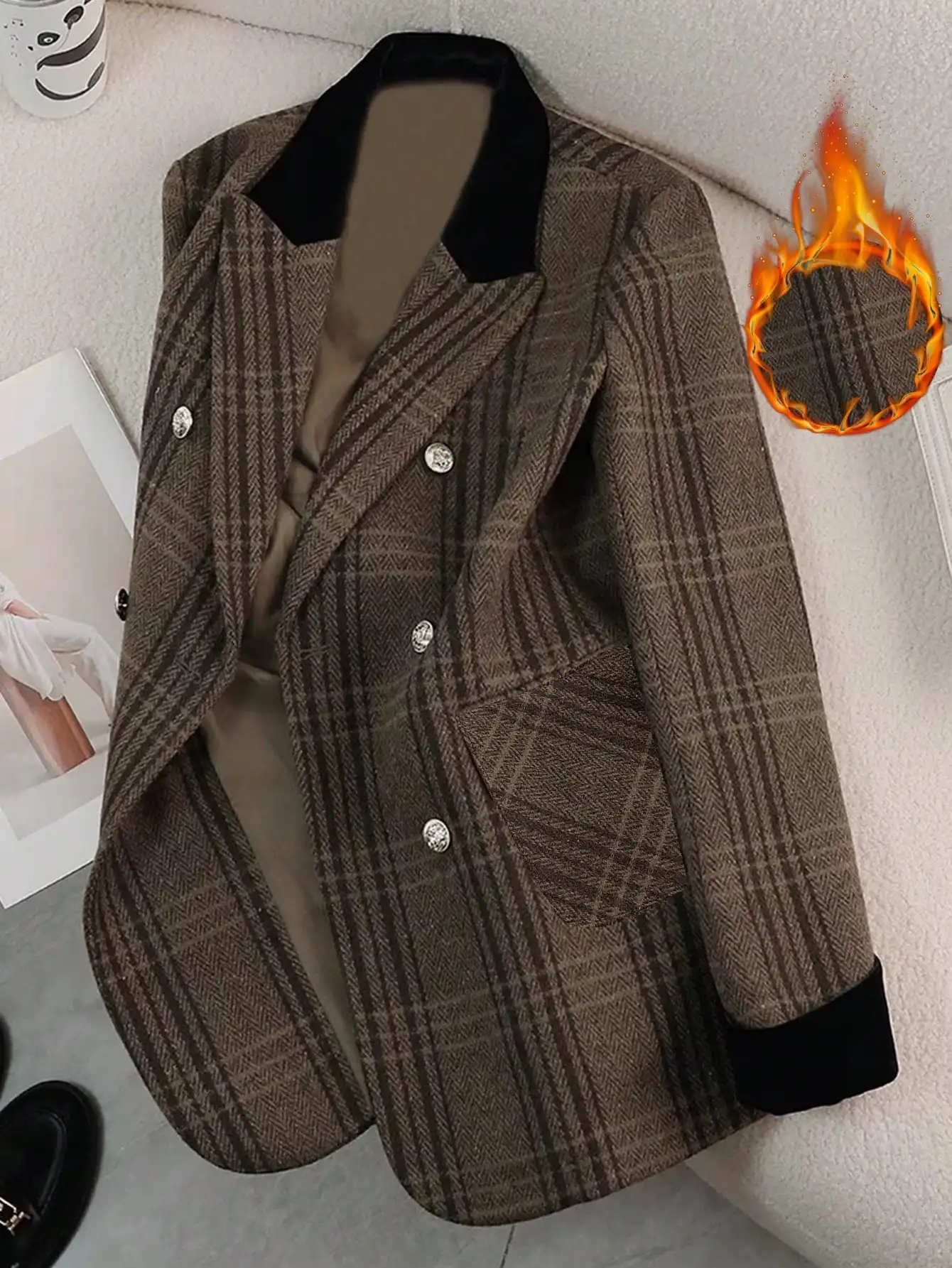 

Винтажный коричневый клетчатый пиджак с отложным воротником, бархатными манжетами и вставками, повседневная офисная одежда для женщин