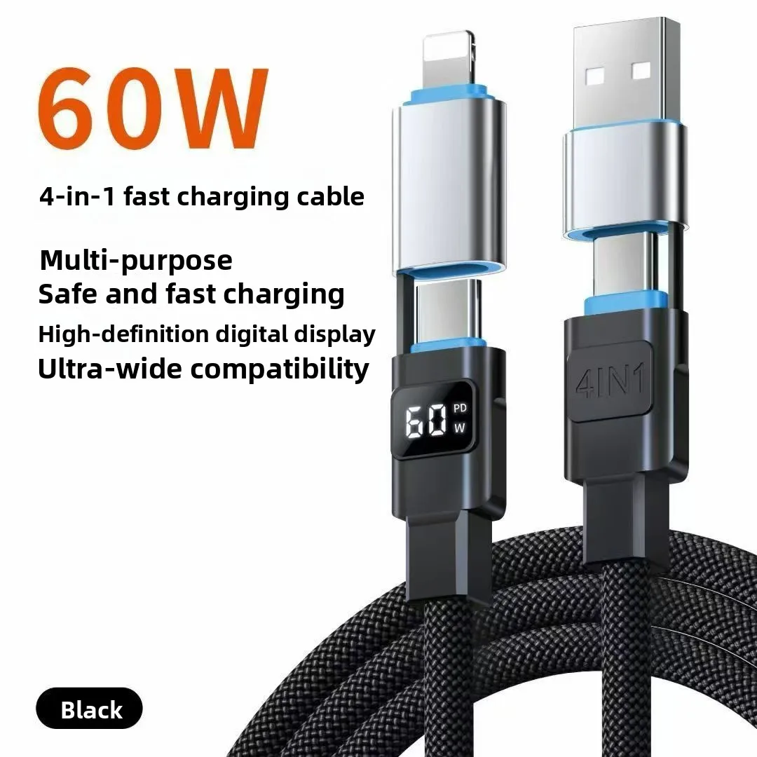 60W 4-in-2 Data Cable Super Fast Charging USB to Type-C USB C With LED For IPhone16 15 14 XIAOMI HUAWEI