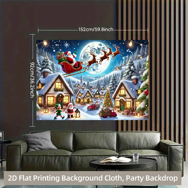 Winter Wonderland Christmas Tapestry, Santa Sleigh with Rudolph and Elves,  Snow Scene Wall Art for Indoor Outdoor Party Decor