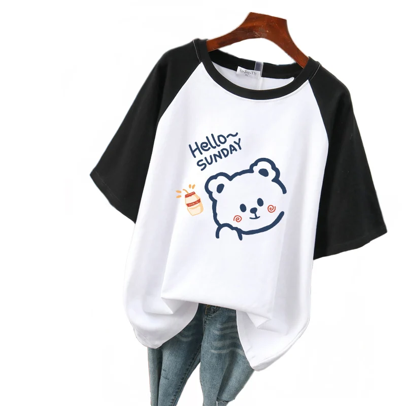 DAYIFUN O collo manica corta t-shirt donna Cartoon Print Splicing Design Sense magliette 2024 nuova estate Plus Size cotone Top Tees