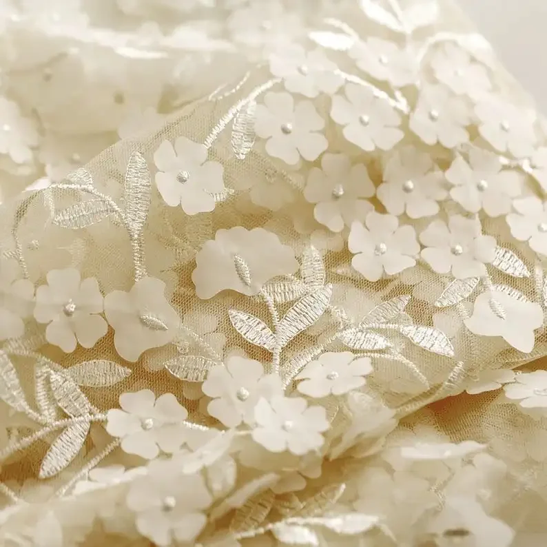 3D chiffon flower Lace Fabric Floral Embroidered Tulle Fabric For Girl Dress Tutu Dress Wedding Dress Bridal Veil 1 Yard