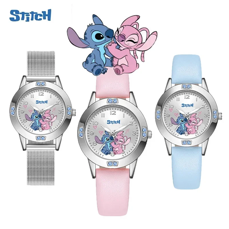 Disney Stitch Girl's Watches Diamond Quartz Watch for Women Stich Cartoon Leather Wristwatches Fashion Steel Belt Watch Gift