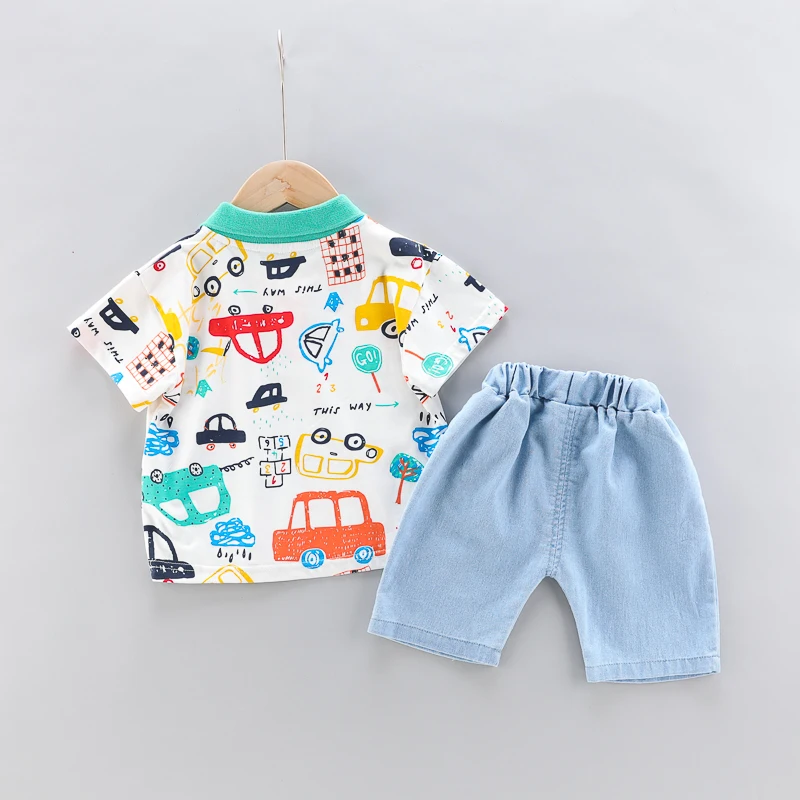 High-Quality Baby boys Polo Shirt + Handsome Denim Shorts 2-Piece Set Childs girls Clothing summer