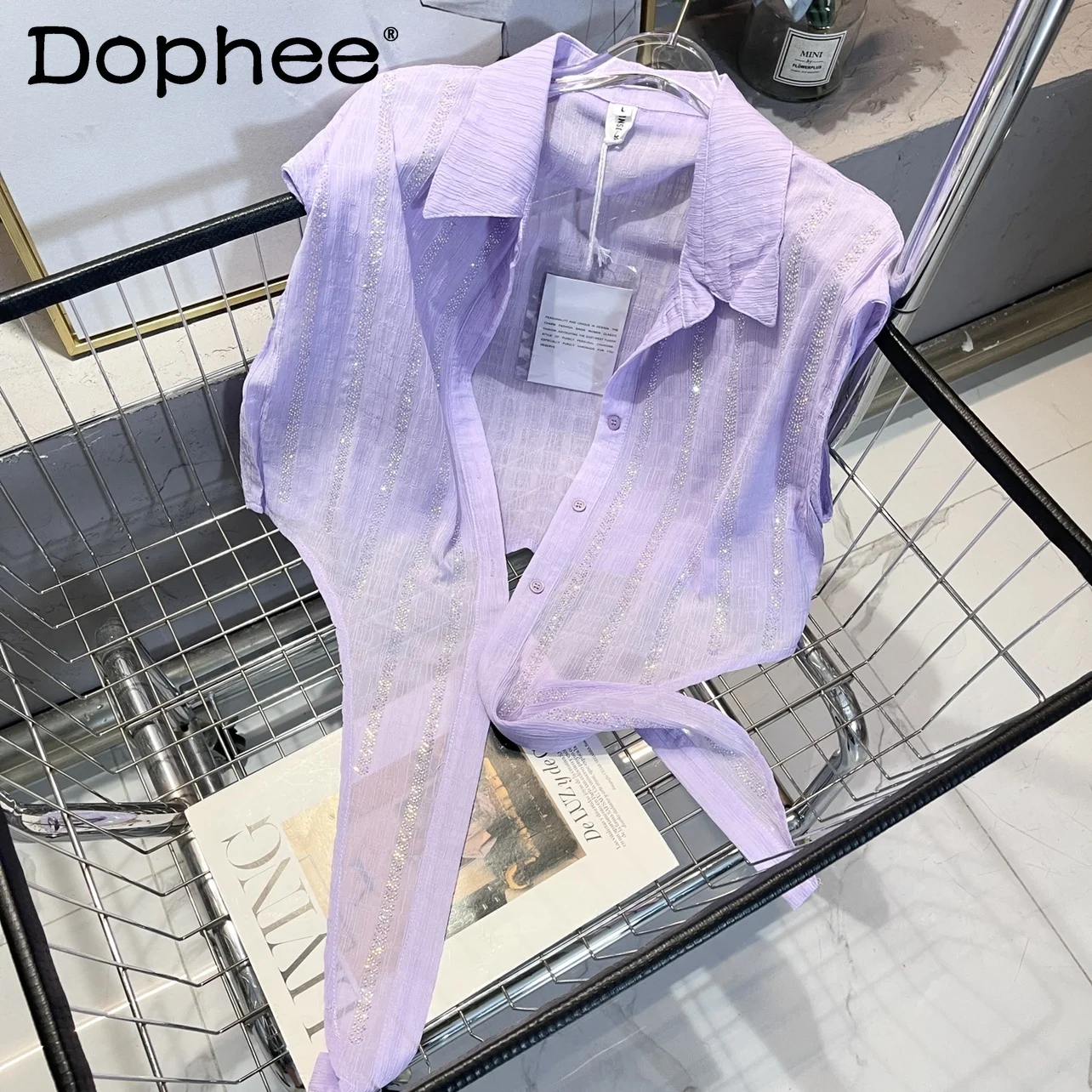 

Summer New Purple Rhinestone Short Sleeveless Shirt Women's Sweet Tie-Neck Pleated Retro Button Long Sleeve Top Camisas Mujer