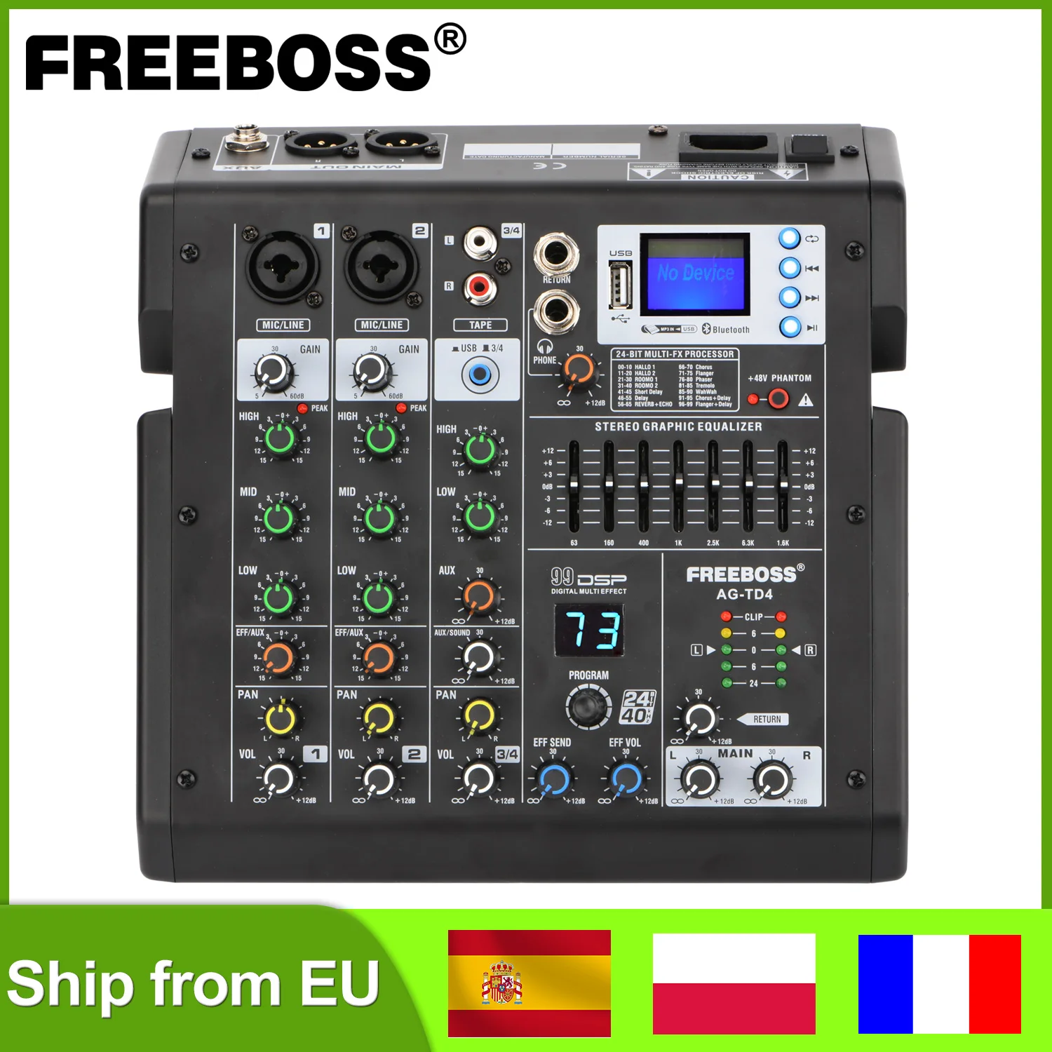 FREEBOSS 99 DSP Effect 7-band EQ 4 Channel Sound Audio Mixer Bluetooth Mixing Console USB Play Record 48V Phantom Power AG-TD4