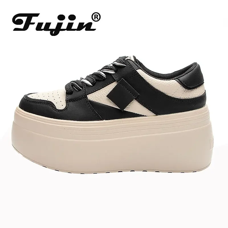 Fujin 8cm Cow Genuine Leather Autumn Spring Platform Wedge Flats Fashion Breathable Sneakers Chunky Casual Women Moccasins Shoes