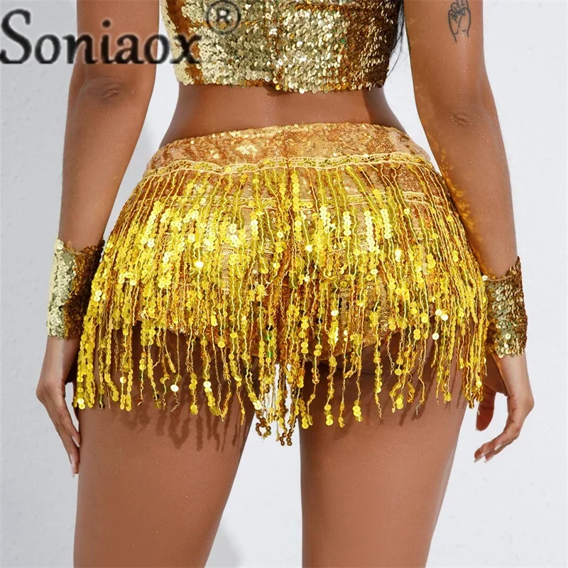 Fashion Tassel Sequin Decoration Shorts Ladies Stage Performance Clothes Latin Dance Skirt Solid Color Women's Bar Wear 2023 New