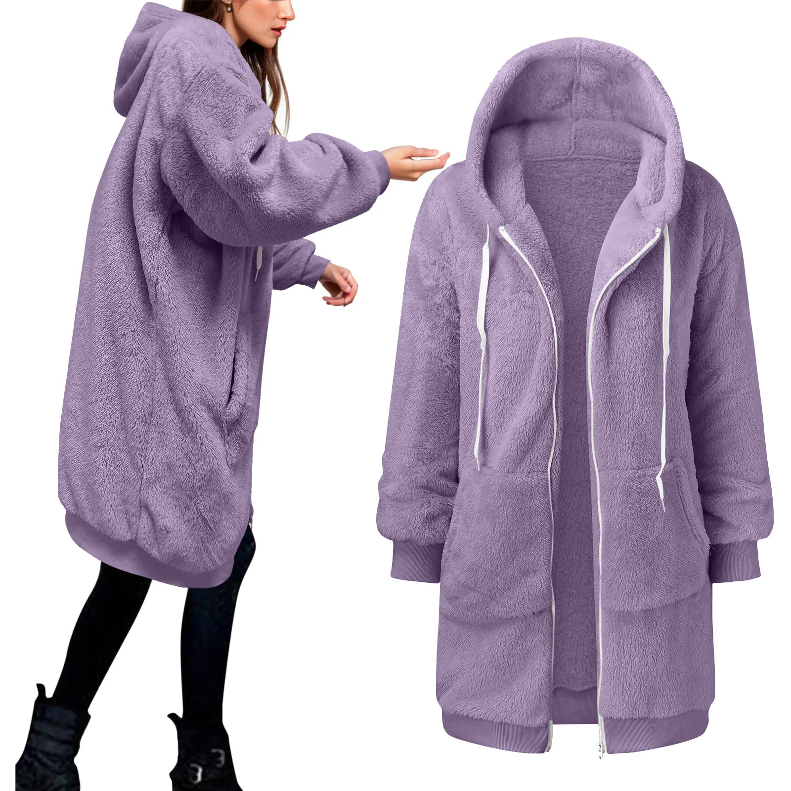 Casual Plush Sweatshirt Jacket Women's Zipper Hooded Lamb Wool Jacket Oversized Loose Fit Fleece Jackets Drawstring Coats 5xl