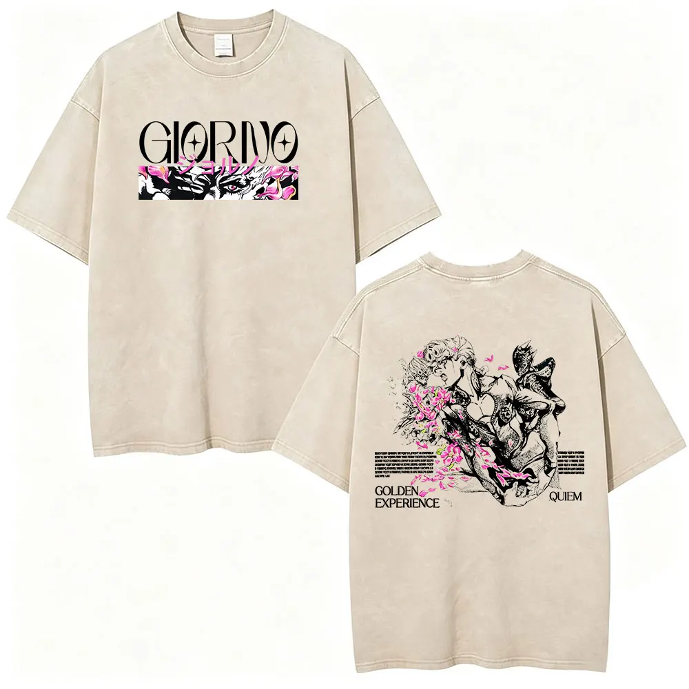 Vintage Washed Anime Jojo Bizarre Adventure Killer Queen Giorno Giovanna T Shirt Men Casual Loose Short Sleeves T-shirt Tops