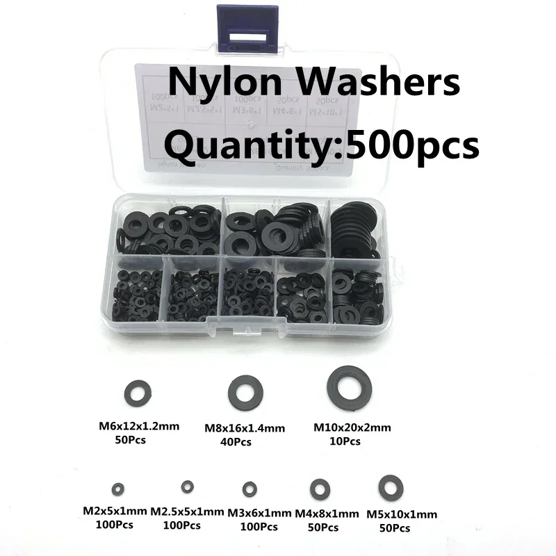 

500pcs M2-M10 Black Plastic Nylon Flat Washers Assortment kit Fasteners Tools Repair Accessories Safe and Easy to Install