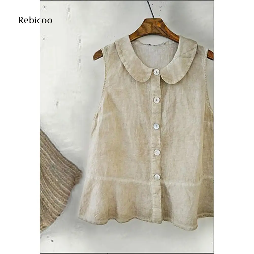 Ruffle Hem Sleeveless Tank Top For Women Peter Pan Collar Button Design For Relaxed Daily And Weekend Outdoor Outfits