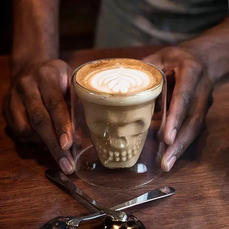 Double Wall Glass for Espresso Coffee Cup, Skull Skeleton Cup,Whisky, Bar Wine Glasses, Transparent Vodka Shot, Drinkware