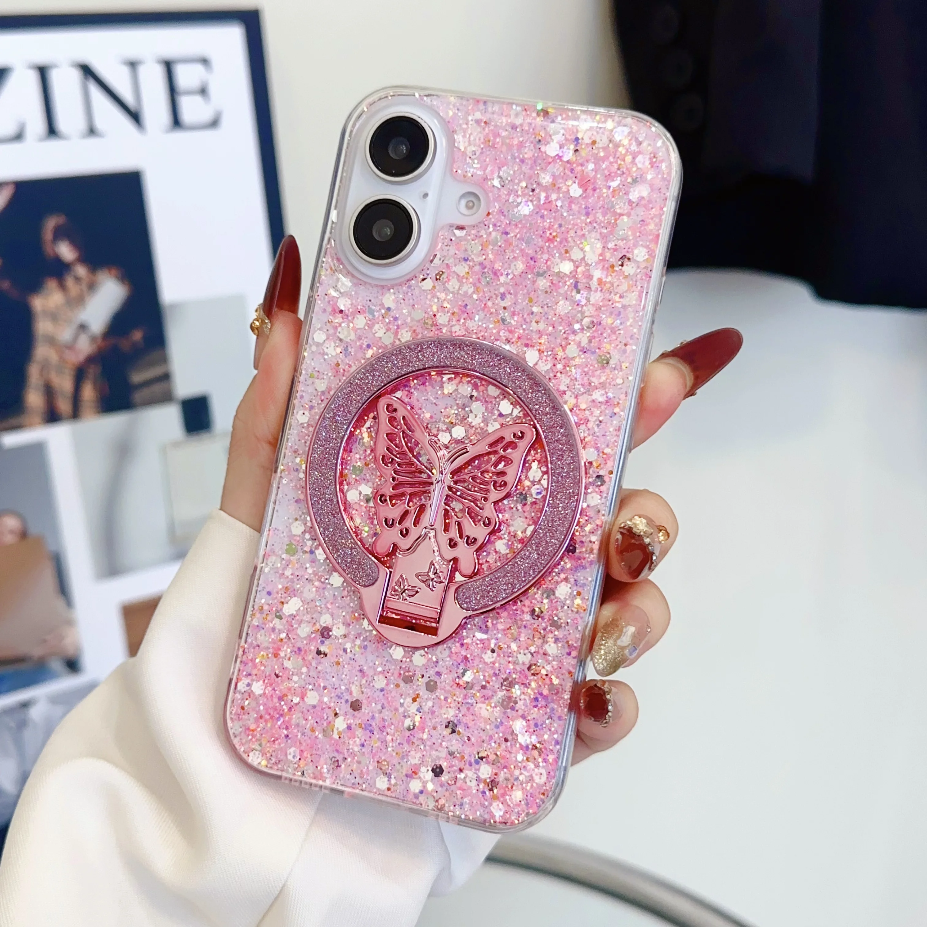 Luxury Cute Butterfly Bling Glitter Phone Case For iPhone 16 15 14 13 12 11 Pro Max Xs Plus Wireless Charging Ring Holder Cover