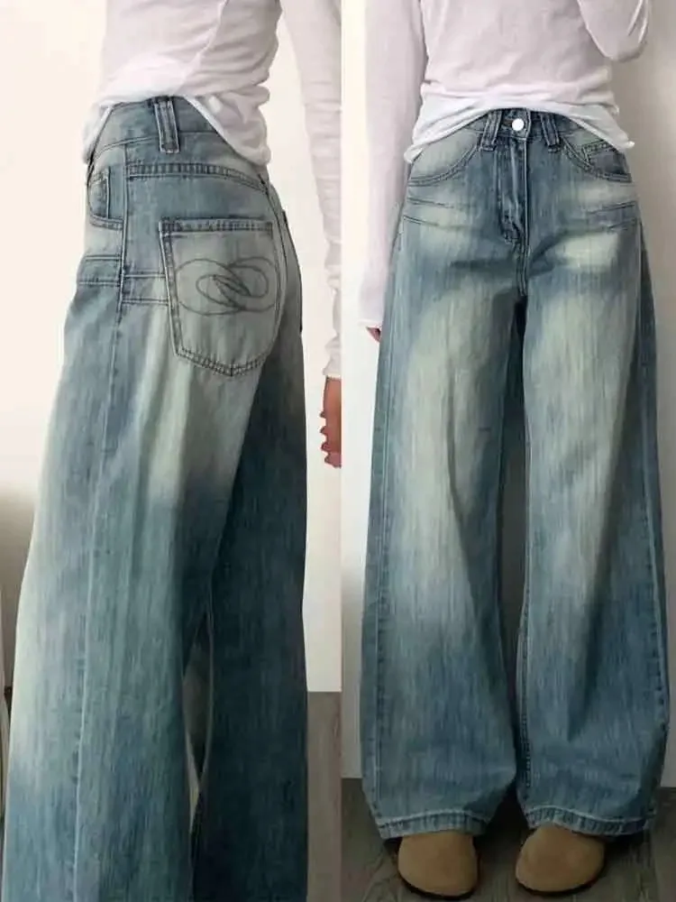 Houzhou vintage y2k 2000s baggy jeans mulher harajuku moda coreana calças jeans casual clássico básico retro calças soltas outono