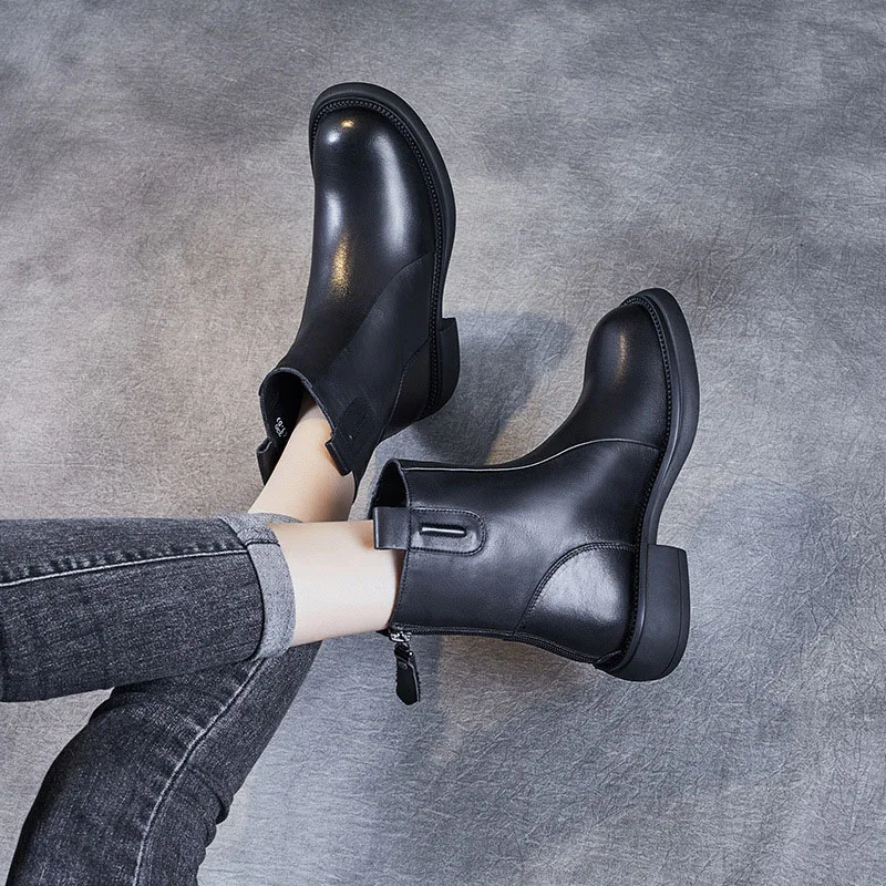 DRKANOL Autumn Winter Warm Mid Calf Boots Women Genuine Cow Leather Thick Heel Casual Chelsea Boots Back Zipper Chimney Boots