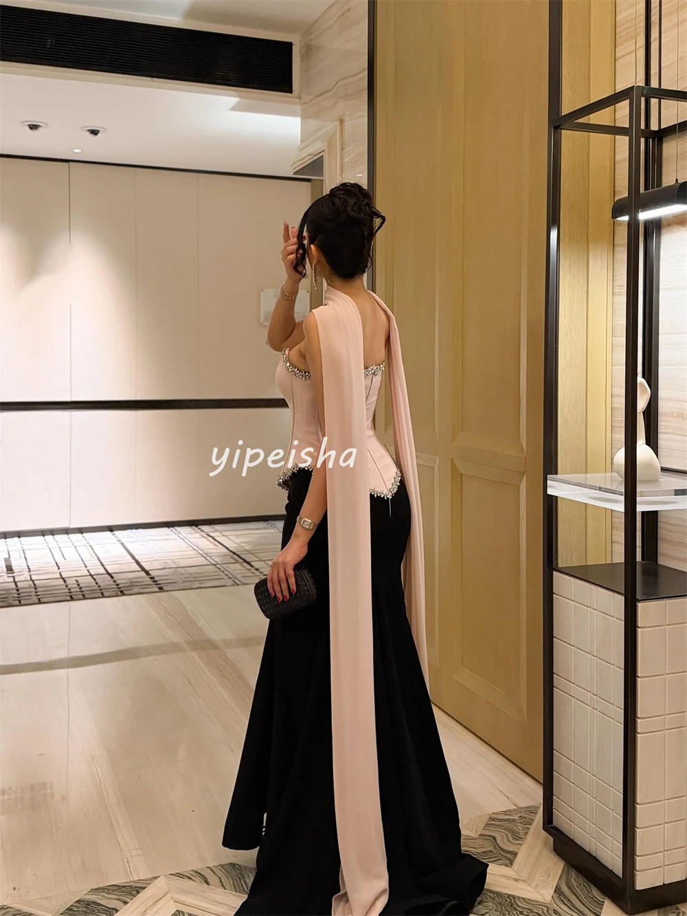 

Customized Elegant Women Jersey Rhinestone Ruched Straight Evening Dresses Formal Sweetheart Sleeveless Floor Lenght Prom Dress