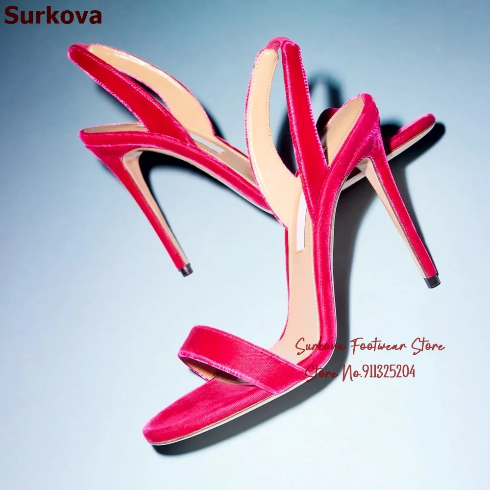 Surkova Dark Green Red Velvet Thin high Heel Sandals Single Band Elastic Slingback Dress Pumps Slip-on Evening Shoes Size46