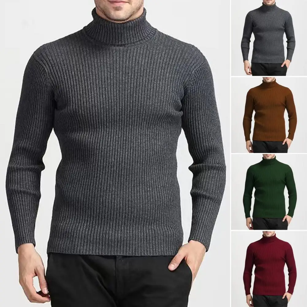 Solid Color Sweater Stylish Men's Turtleneck Sweater Slim Fit Knit Pullover Warm High Neck Solid Sweater for Autumn Winter