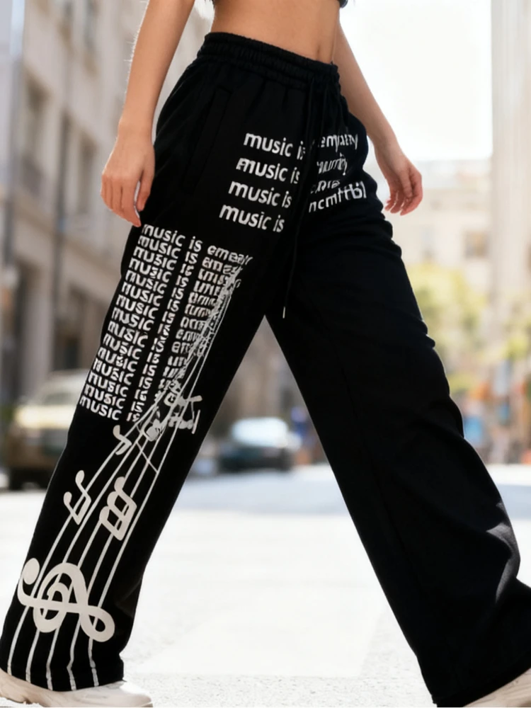 

Men's Black Wide Leg Cotton Pants Hip-Hop Music Graffiti White Text Print Casual Streetwear Versatile Daily Wear