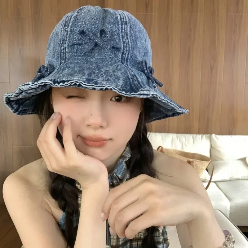 

Korean Washed Retro Denim Bow Fisherman Hat Children Summer Travel Sun Protection Visor Basin Hat