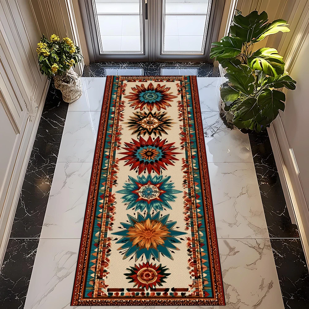 Retro Southwest Feather Stripe Tribal Geometric runner rug cottage villa basement recreation room low profile floor mat
