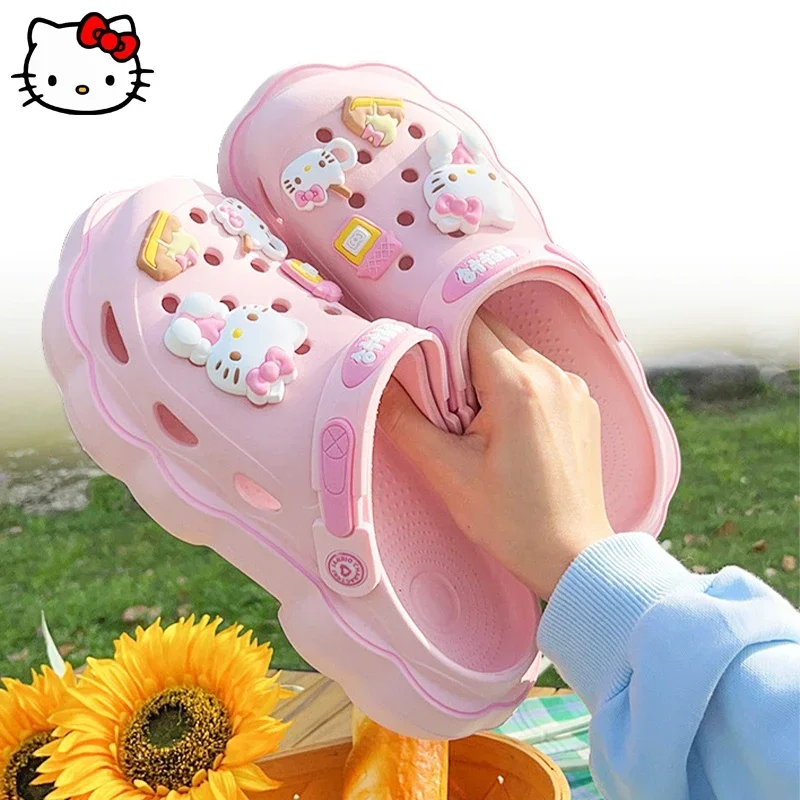 Sanrio Hello Kitty Summer Slippers Woman Kuromi Cinnamoroll Outdoor Beach Holey Shoes Sandals Women Eva Flip Flops Girl Gift