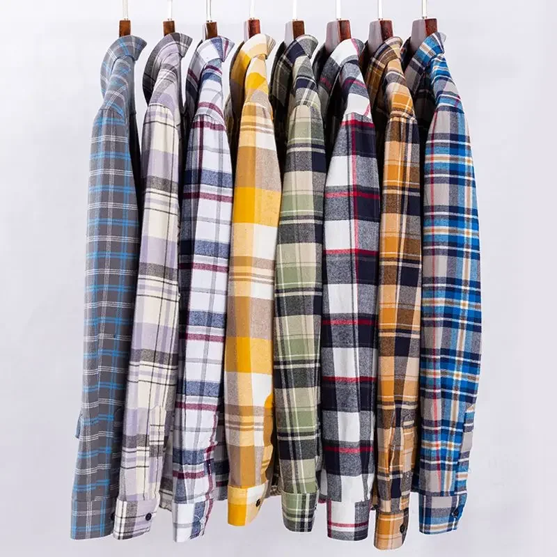 Classic Casual Shirts for Men, Pure Cotton Plaid Shirt with Long Sleeves, Regular Fit Oversized Leisure Autumn Male Blouse 38-44