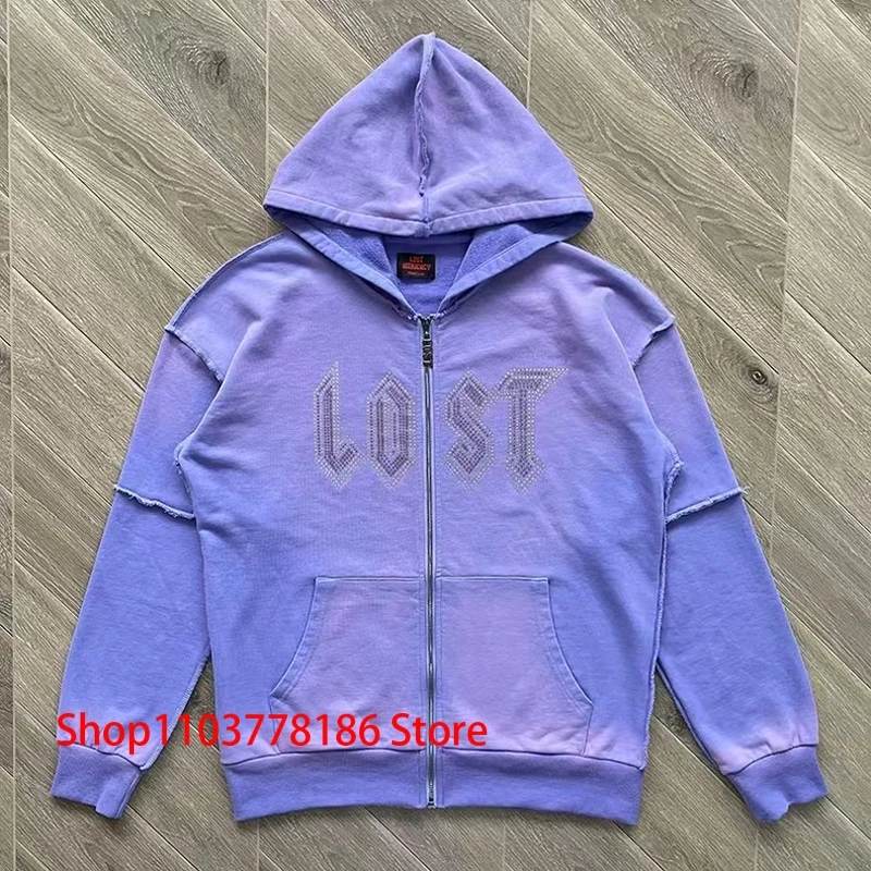 Trend Wash Purple Lost Intricacy Lavender Zipper Hoodie Street Loose Casual Classic Hot Drill Back Print Men Women Sweatshirt