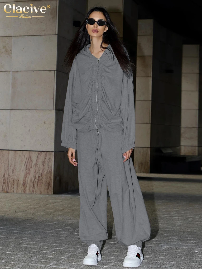 

Clacive Fashion Loose Gray Women's Two Pieces Set 2025 Elegant Long Sleeve Shirt With High Waist Wide Pants Set Female Clothing