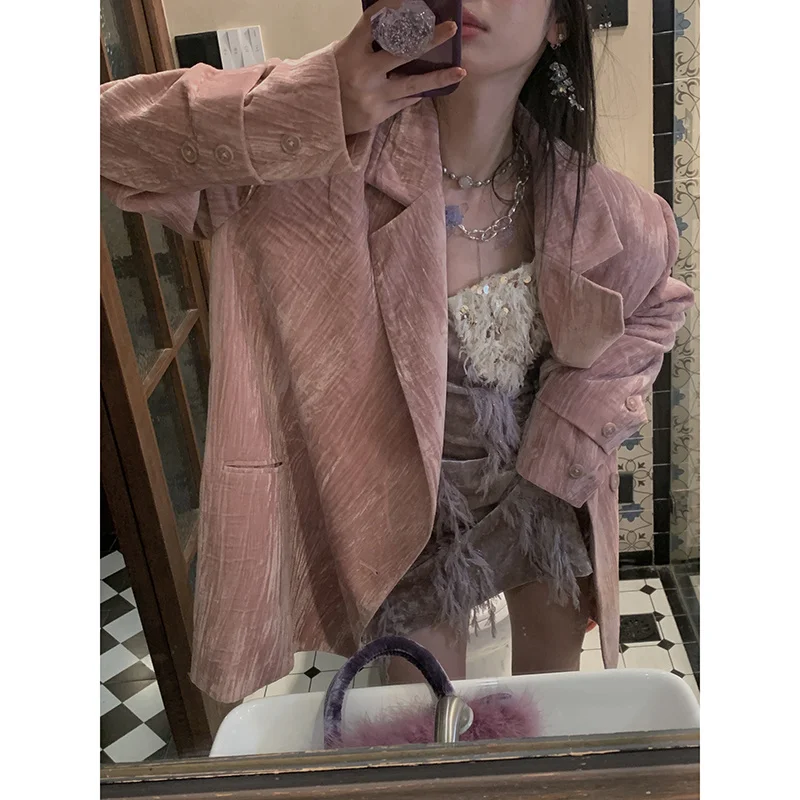 

Long Blazers Woman Autumn Woolen Patchwork Notched Collar Long Sleeve Blazer Streetwear Casual Ladies Chic Outerwear Fashion