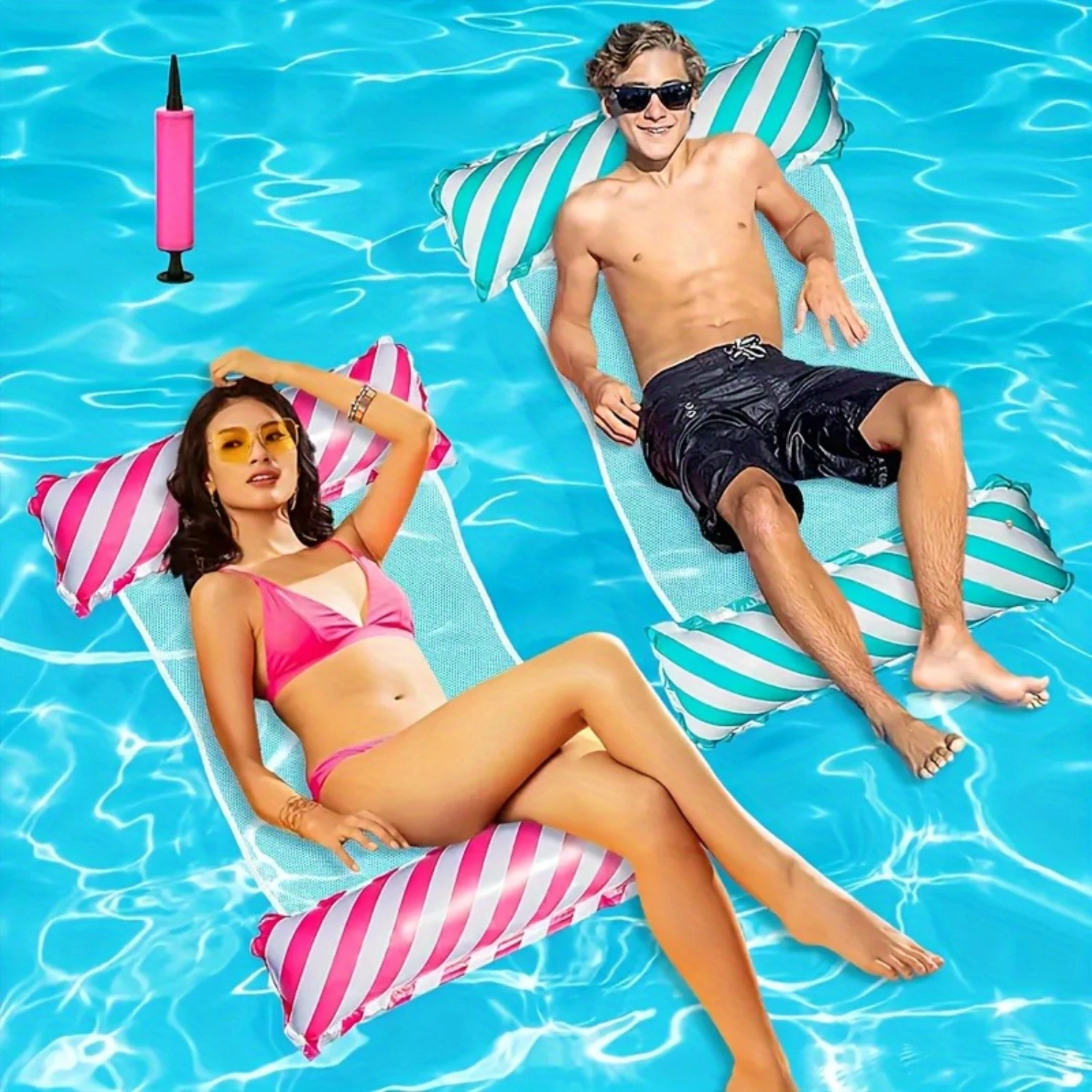 2-Piece Inflatable Swimming Beds - Ultra-Portable, Striped Pattern, Durable, and Comfortable Floating Loungers for Pool Parties