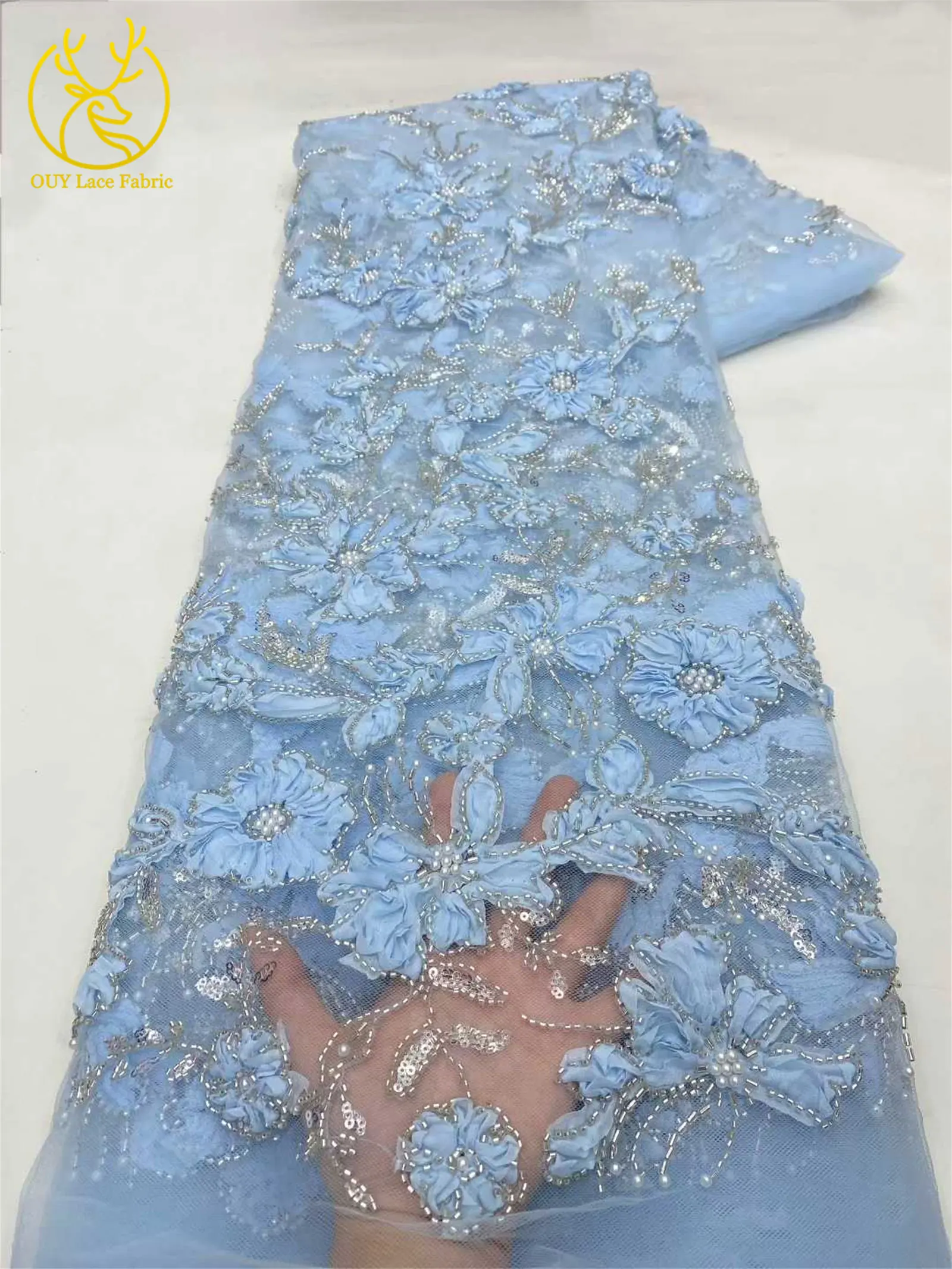 Africa 3D Flower Embroidery Lace Fabric 2025 Hot French Sequins Beaded Embroidery Groom Nigerian Bridal Tulle Lace Fabrics